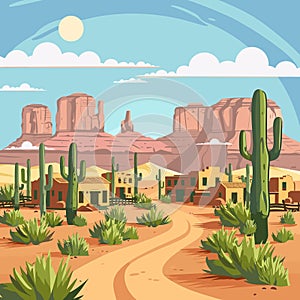 A desert scene with a road leading to a town