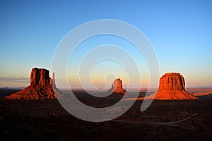 Scenic view of Monument Valley at sunset in Utah, United States.