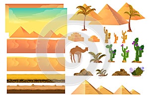 Desert seamless background elements, cartoon illustration for mobile app, web, game with cactuses.