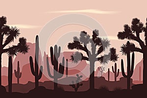 Desert seamless pattern with joshua trees and saguaro cacti.