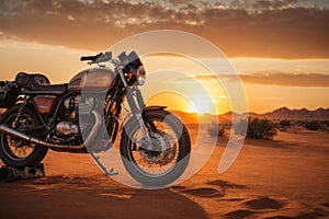 Desert Serenity: Motorbike Silhouetted by a Mesmerizing Sunset