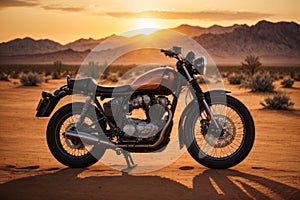 Desert Serenity: Motorbike Silhouetted by a Mesmerizing Sunset