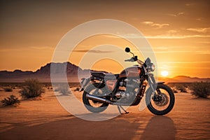 Desert Serenity: Motorbike Silhouetted by a Mesmerizing Sunset