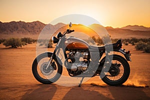 Desert Serenity: Motorbike Silhouetted by a Mesmerizing Sunset