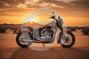 Desert Serenity: Motorbike Silhouetted by a Mesmerizing Sunset