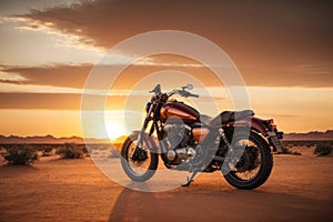 Desert Serenity: Motorbike Silhouetted by a Mesmerizing Sunset