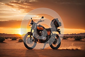 Desert Serenity: Motorbike Silhouetted by a Mesmerizing Sunset
