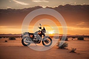 Desert Serenity: Motorbike Silhouetted by a Mesmerizing Sunset