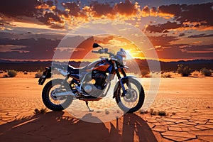 Desert Serenity: Motorbike Silhouetted by a Mesmerizing Sunset