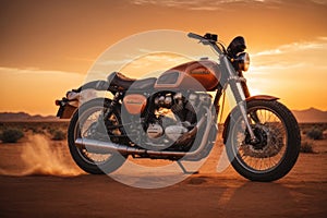 Desert Serenity: Motorbike Silhouetted by a Mesmerizing Sunset