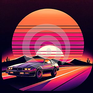 Desert Silhouette: Retro Car on Sunset Expedition