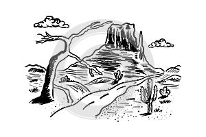 Desert sketch american rocks, landscape of cactuses and roads.Vector drawn illustration