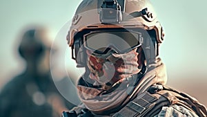 In a desert, a soldier carries out their duties unwavering focus. Generative AI