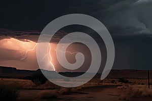 desert storm with lightning and thunder, illuminating the distant storm clouds