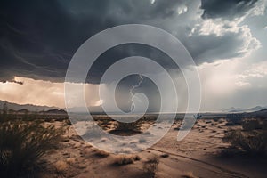 desert storm with rolling clouds and lightning strikes