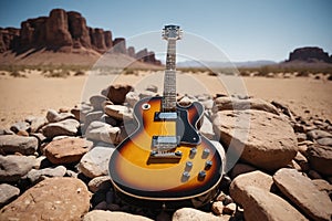 Desert Strings: Sunburst Guitar Resting on Rocky Terrain