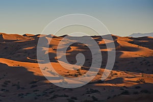 Desert at sunrise brings out bold burnt orange colored sand wiht shadows making a great desert landscape on rippling or rolling