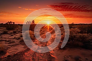 desert sunrise, with orange and red hues spreading across the horizon
