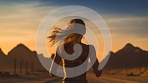 Desert Sunrise Run: Young Female Jogger in Morning Glow