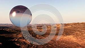 Desert Sunset Background With Giant Glass Sphere
