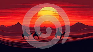 Desert sunset camel caravan