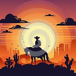 Desert sunset landscape with cowboy on a horse.