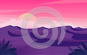 Desert sunset landscape with sand dunes concept. vector illustration