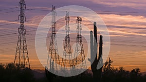 Desert sunset power electricity pylons Arizona evening