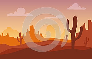 Desert sunset silhouette landscape. Arizona or Mexico western cartoon background with wild cactus, canyon mountain