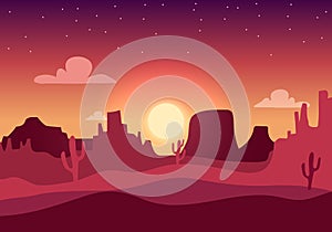 Desert sunset silhouette landscape. Arizona or Mexico western cartoon background with wild cactus, canyon mountain