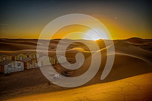 Desert tents at a luxury camp site at Erg Chebbi in the Moroccan Sahara.