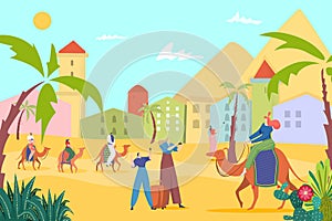 Desert travel with camel, tourist people at egypt sand summer landscape vector illustration. Sun tourism at nature