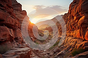 Desert twilight sun glow on canyon textured rock, sunrise and sunset wallpaper