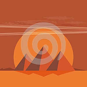 Desert View Egypt Pyramids Sunset Flat Vector Illustration