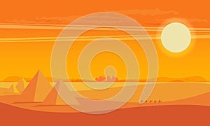 Desert View Egypt Pyramids Sunset Flat Vector Illustration