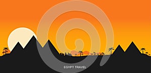 Desert View Egypt Pyramids Sunset Flat Vector Illustration