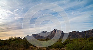 Desert view of mountain in early evening near sunset in Arizona