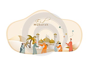 Desert view poster or banner design with illustration of Islamic people in front of mosque for Eid Mubarak.