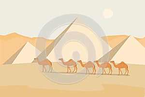 Desert view with pyramids and camels