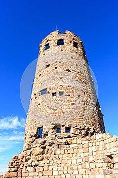 Desert View Watchtower at Grand Canyon. Blue sky. Looking up