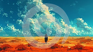 Desert wanderer under a vast sky painted in a minimalist style