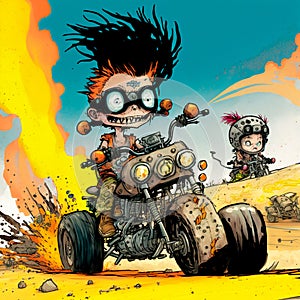 Desert wars and car battles in a hand-drawn style. Mad max, fury road, art
