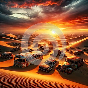 Desert Wasteland: AI Crafted Apocalyptic Scene of Buried Vehicles