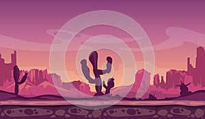 Desert wild cartoon landscape in sunset with cactus, hills and mountains. Game seamless vector background