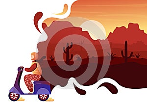 Desert wild nature adventure travel concept, cartoon traveller man drives scooter for discovery