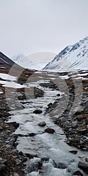 Deserted Area Stream: Snow Covered Mountains In 8k Resolution