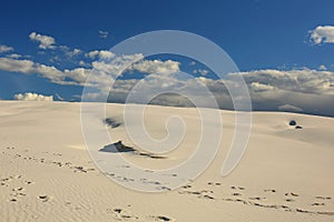 Deserted beach landscape, cloudy blue sky, and sandy