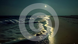 On a deserted beach the moons light illuminates a path on the sand as the waves continue their neverending dance. The
