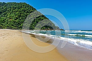 Deserted beach with preserved forests in Guaruja