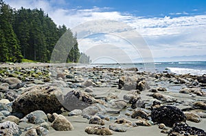 Deserted Beach in Sooke, BC, Canada, and Blue Sky with Clouds